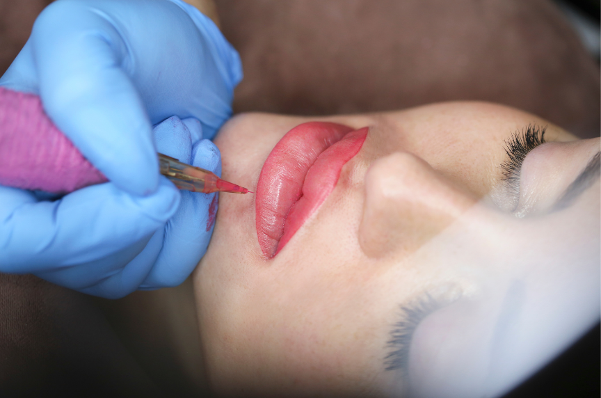 Behandlungssituation im Atelier Long-Time-Beauty: feine Pigmentierung der Lippenkontur