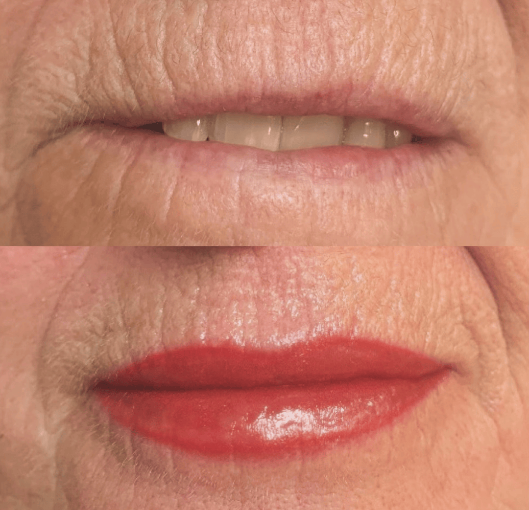 Lippen vorher ohne Kontur und nachher mit ausgearbeiteter Kontur und kräftig rotem Farbaufbau